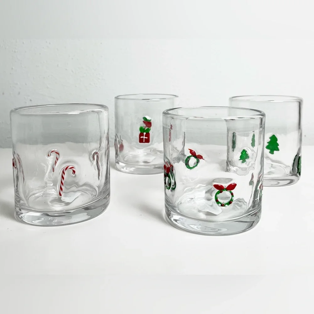 NEW Crate & Barrel Christmas Icon DOF Glasses Set of 4 Double Old Fashioned